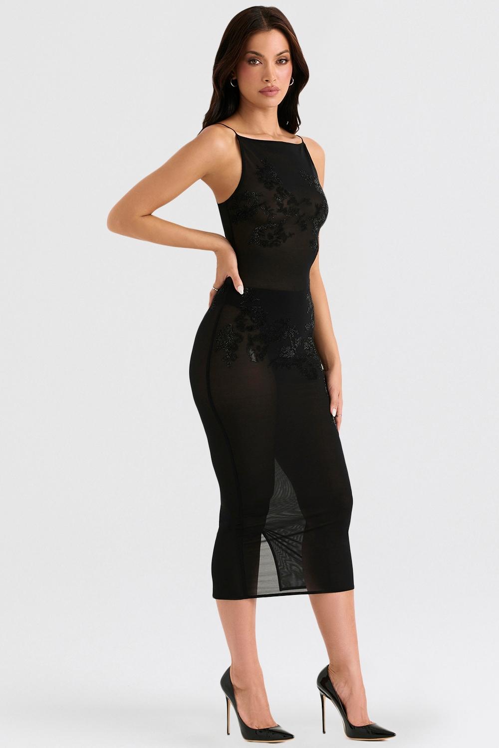 Amirah  black mesh crystal embellished midi dress Product Image