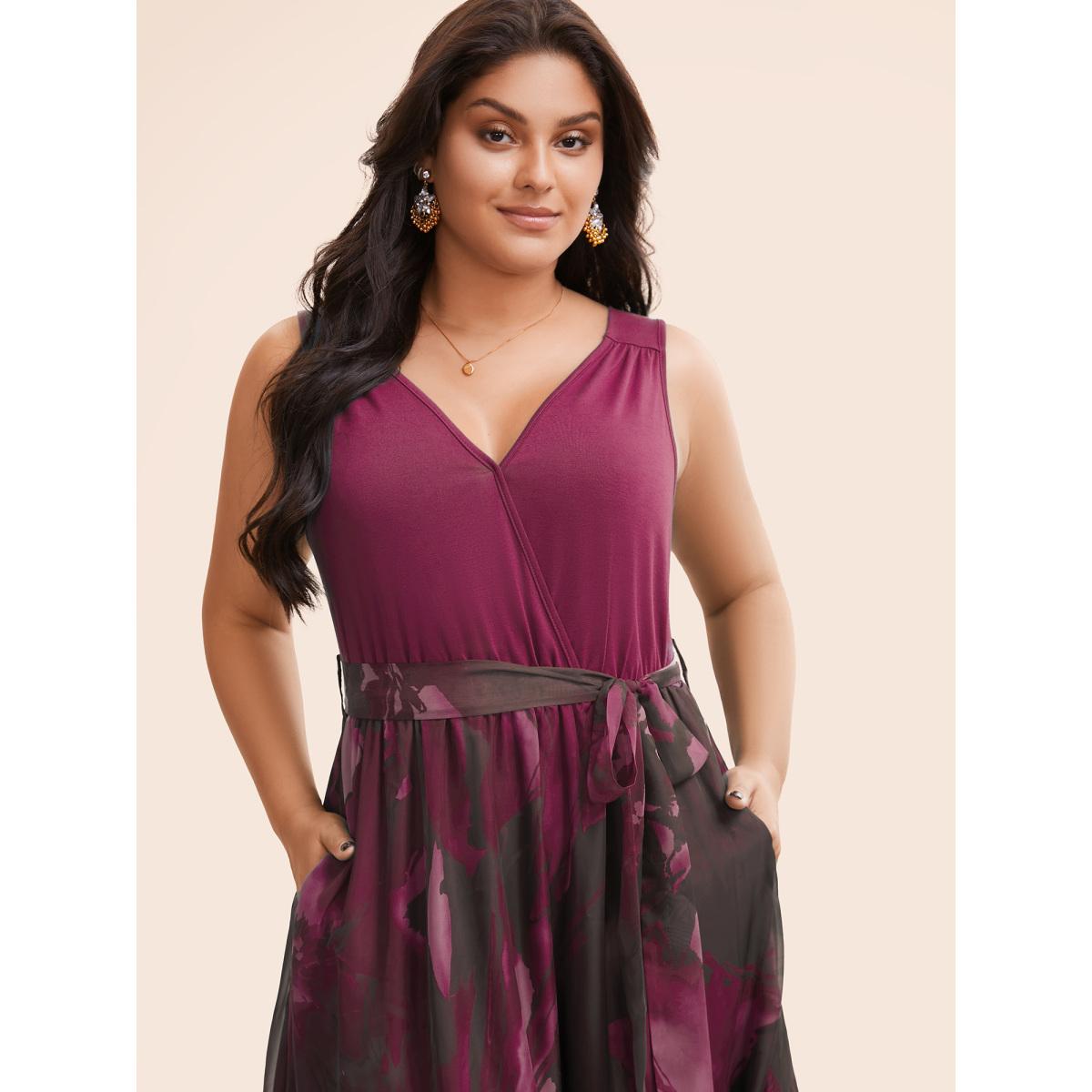 Plus Size Floral Print Belted Patchwork Pocket Tank Dress RedViolet Women Glamour Wrap Overlap Collar Sleeveless Curvy Midi Dress BloomChic 22-24/3X Product Image