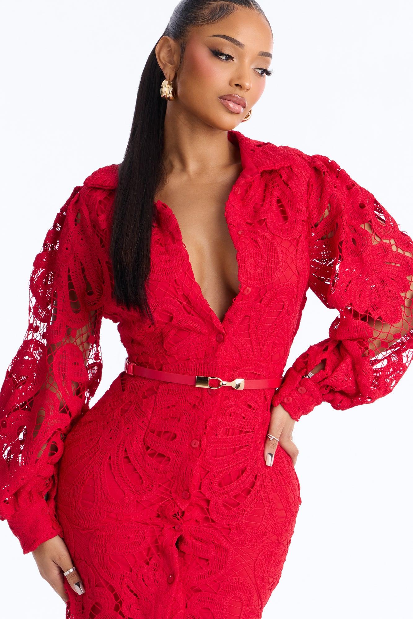 Annette Belted Lace Midi Dress - Red Female Product Image
