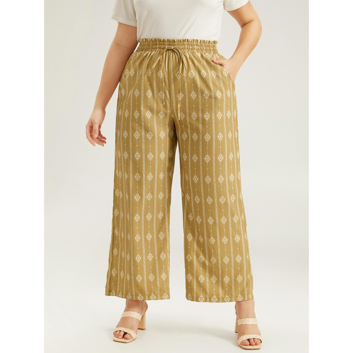 Plus Size Boho Print Drawstring Elastic Waist Pants Women Yellow Vacation Straight Leg High Rise Dailywear Pants BloomChic 10/M Product Image