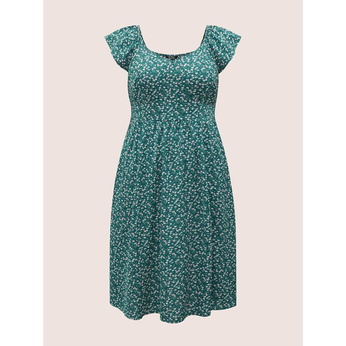Plus Size Ditsy Floral Shirred Elastic Waist Split Hem Dress Teal Women Elegant Non Cap Sleeve Curvy Midi Dress BloomChic 28/5X Product Image