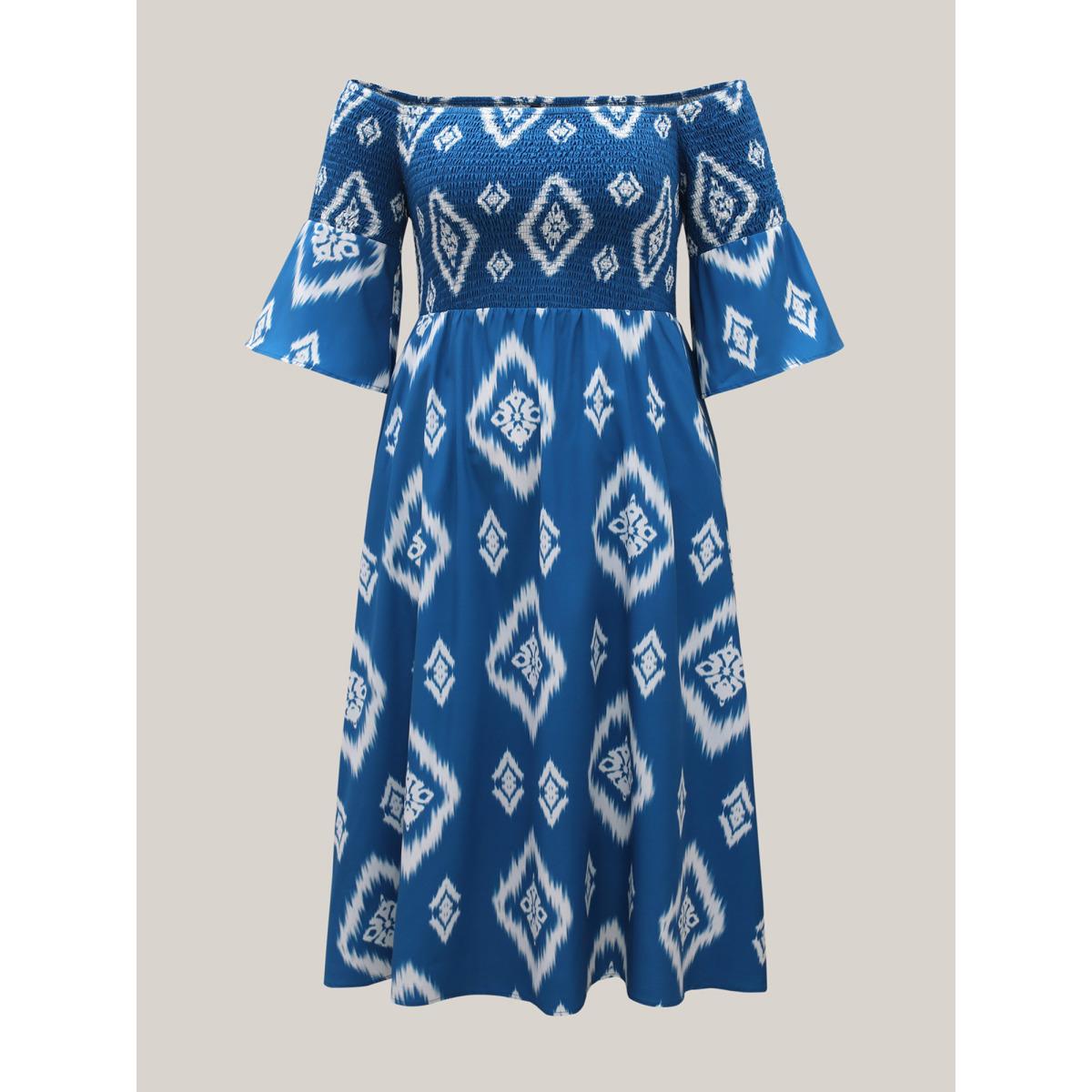 Plus Size Bandana Print Off-Shoulder Pockets Midi Dress Aegean Women Resort Shirred One-shoulder neck Elbow-length sleeve Curvy BloomChic 18-20/2X Product Image