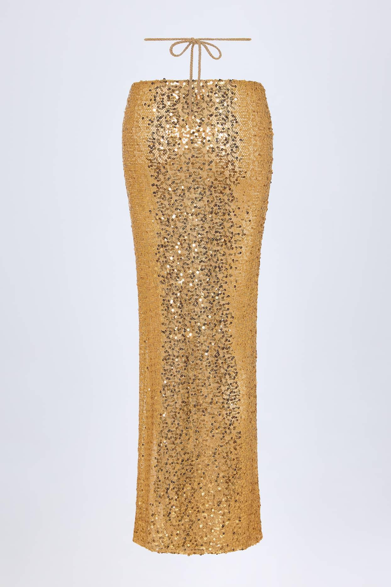 Embellished Hardware-Detail Strappy Maxi Skirt in Gold Product Image