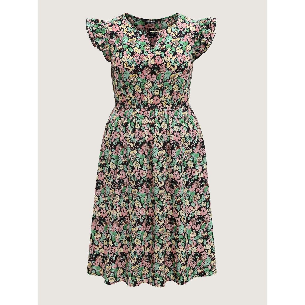 Plus Size Floral Layered Ruffled Sleeve Midi Dress Black Women Round Neck Cap Sleeve Curvy BloomChic 14-16/1X Product Image