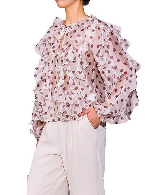 MELLODAY Polka Dot All Over Ruffle Tie Front Long Sleeve Blouse Product Image