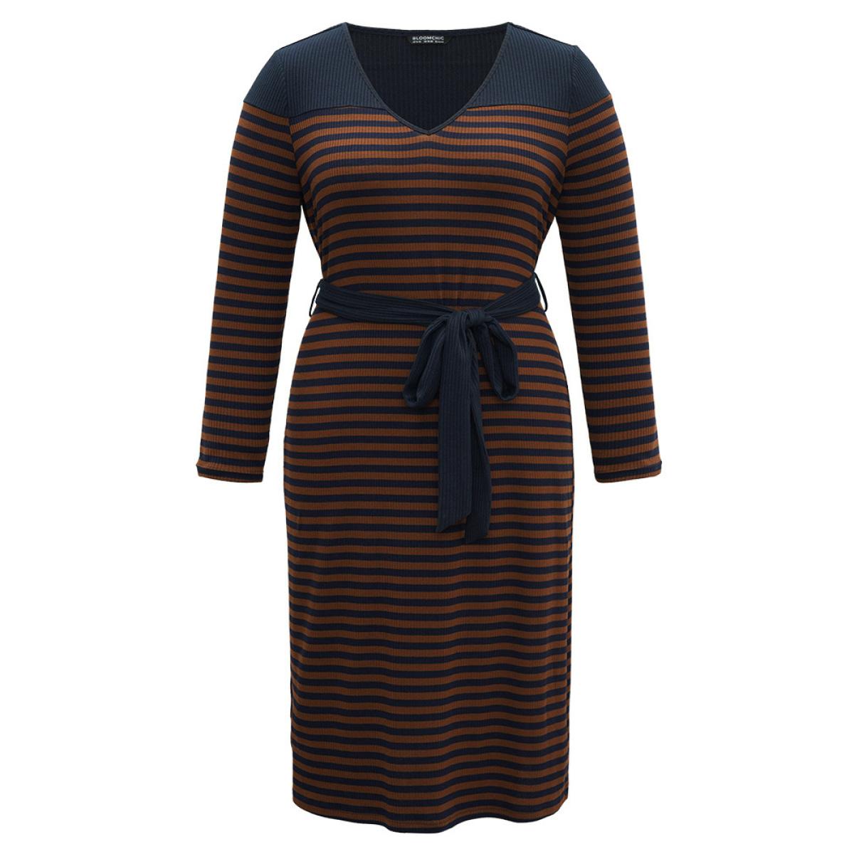 Plus Size Rib Knit Belted Patchwork Contrast Dress DarkBrown Women Casual Belted V-neck Long Sleeve Curvy Midi Dress BloomChic 18-20/2X Product Image