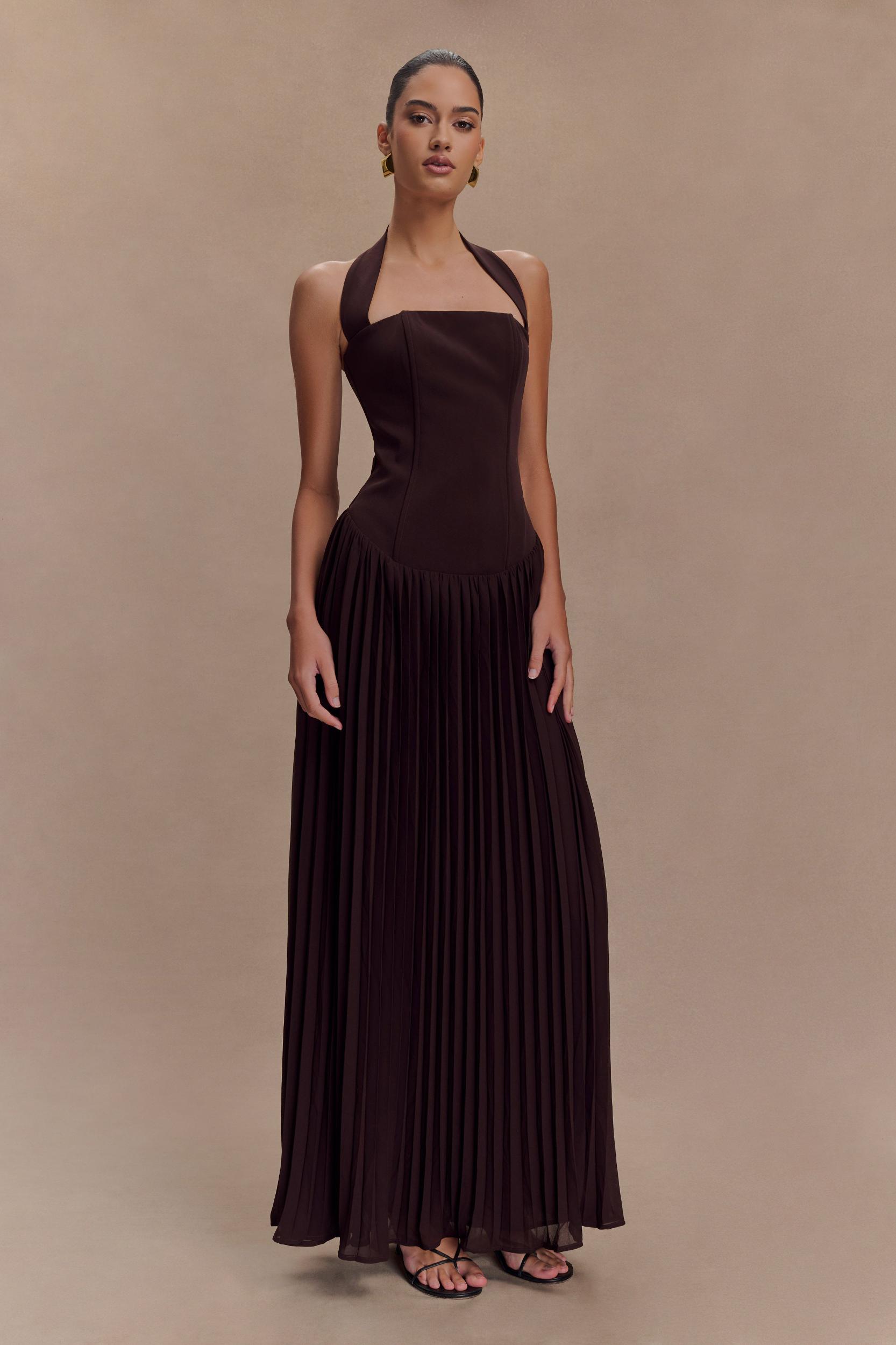 Stacie Pleated Halter Maxi Dress - Cacao Product Image