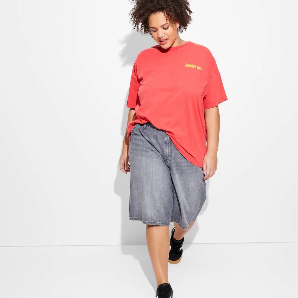 Womens Short Sleeve Highneck Oversized Graphic T-Shirt - Wild Fable Red XXL: 100% Cotton, Loose Fit, Landscape Pattern Product Image