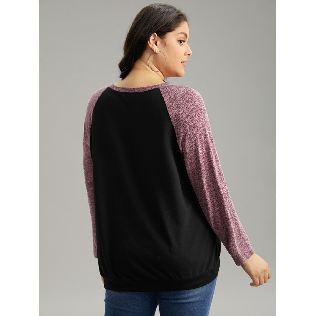 Plus Size Heather Stitch Pocket Raglan Sleeve Sweatshirt Women Black Casual Contrast Round Neck Dailywear Sweatshirts BloomChic 30/6X Product Image