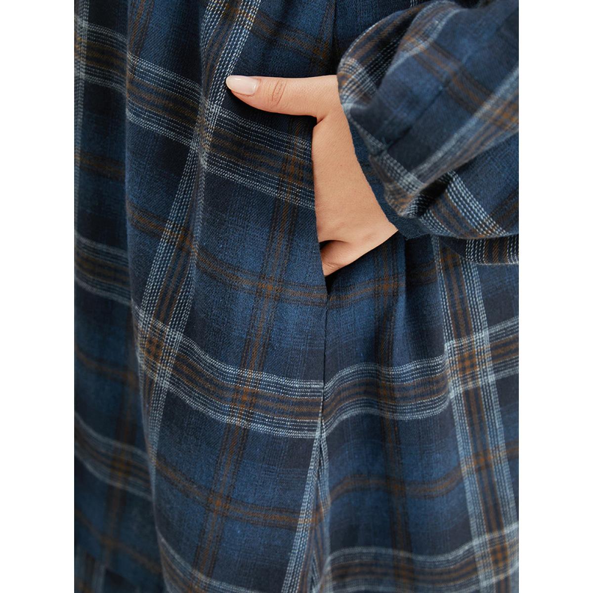 Plus Size Plaid Notched Button Up Lantern Sleeve Dress Aegean Women Casual Elastic cuffs Notched collar Long Sleeve Curvy Midi Dress BloomChic 14-16/1X Product Image