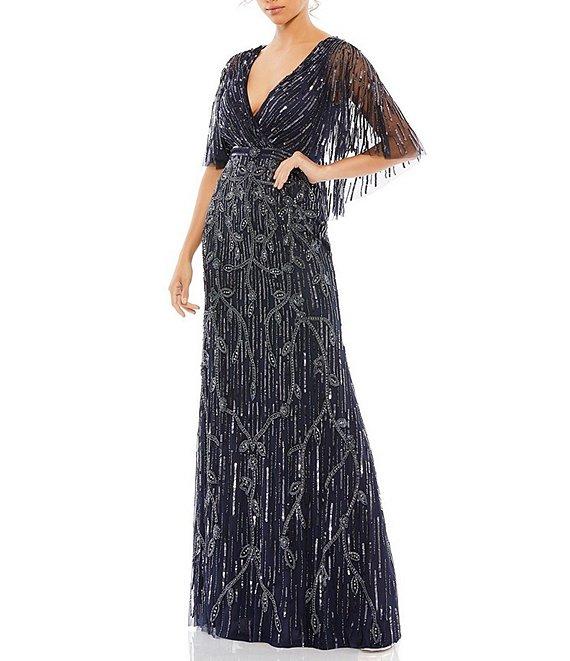 Mac Duggal V-Neck Capelete Sleeve Beaded A-Line Gown Product Image