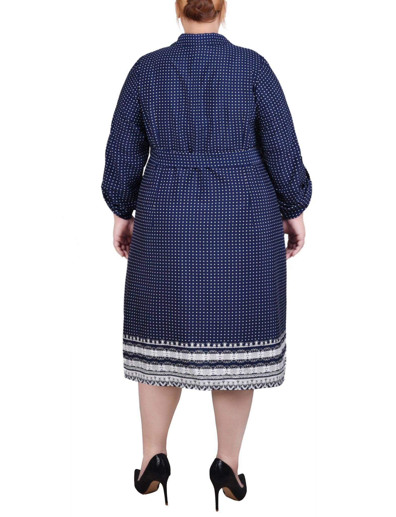 Navy Border 3/4 Roll Tab Sleeve Belted Shirtdress - Plus Product Image