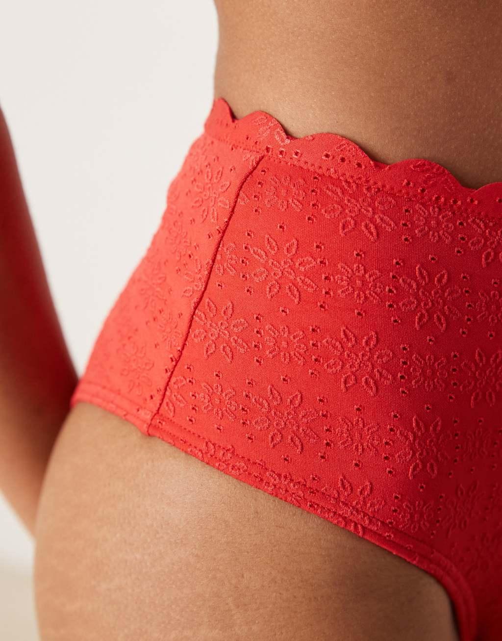 Peek & Beau eyelet high waist bikini bottoms with scallop detail in red Product Image