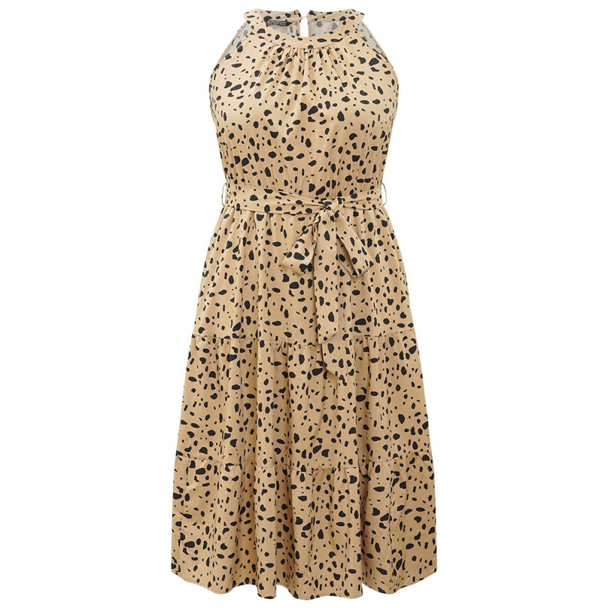 Plus Size Leopard Print Halter Pocket Belted Ruffle Hem Dress Bronze Women Elegant Gathered Halter neck Sleeveless Curvy Midi Dress BloomChic 22-24/3X Product Image