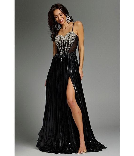 Jovani Metallic Sweetheart Neck Beaded Corset Bodice Spaghetti Strap A-Line Dress Product Image