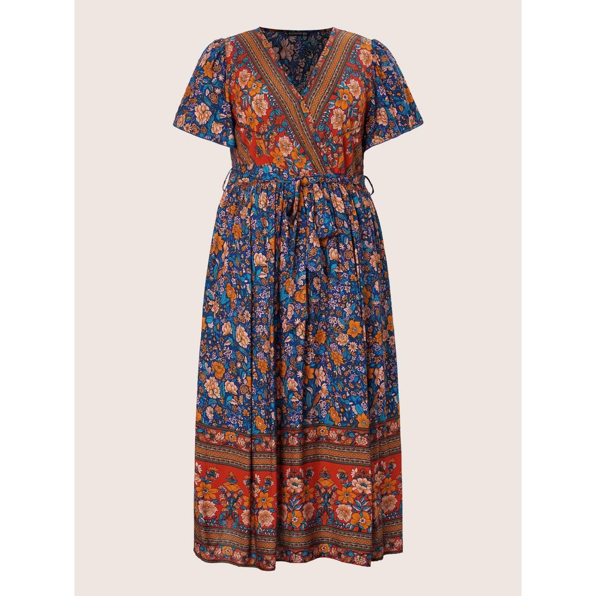 Plus Size Bandana Surplice Neck Pocket Belted Flutter Hem Maxi Dress DarkBlue Women Boho Non V-neck Short sleeve Curvy Long Dress BloomChic 14-16/1X Product Image