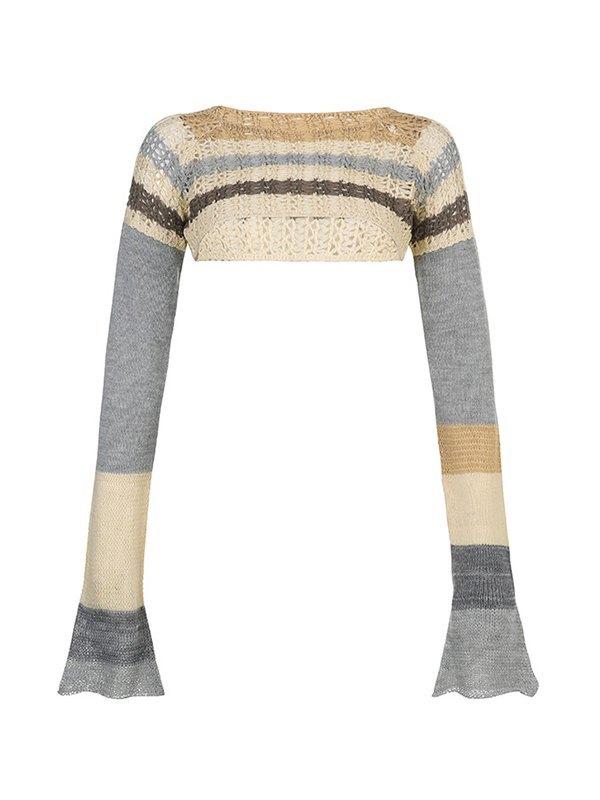 Super Crop Long Sleeve Knit Striped Crochet Top Product Image