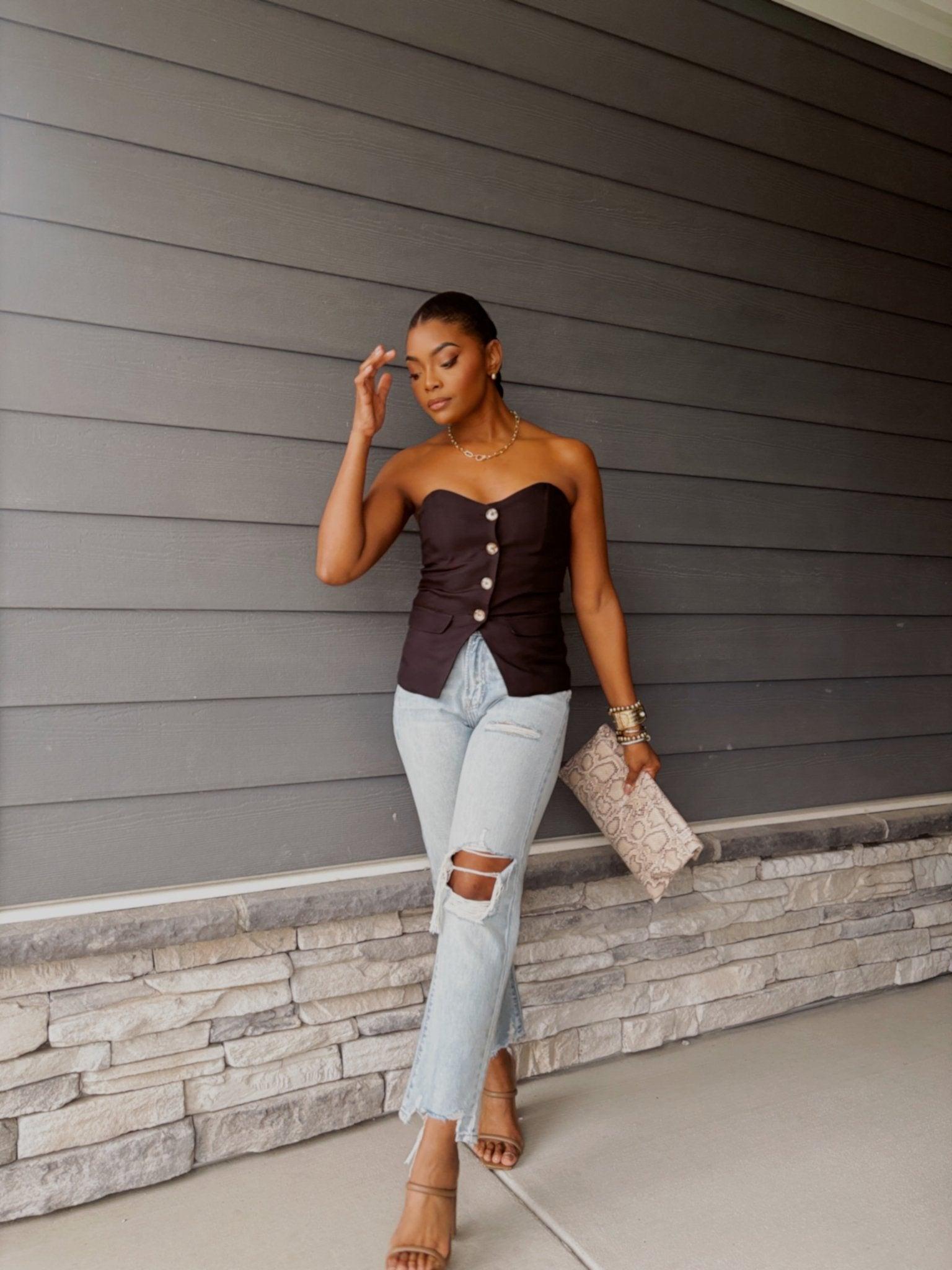 Black Button Front Tube Top - FINAL SALE Product Image