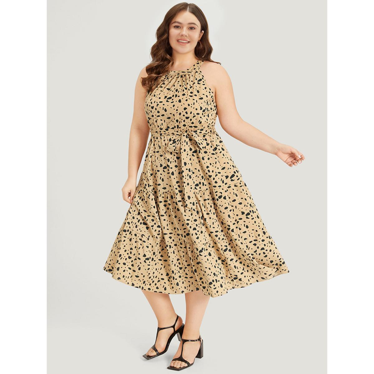 Plus Size Leopard Print Halter Pocket Belted Ruffle Hem Dress Bronze Women Elegant Gathered Halter neck Sleeveless Curvy Midi Dress BloomChic 22-24/3X Product Image