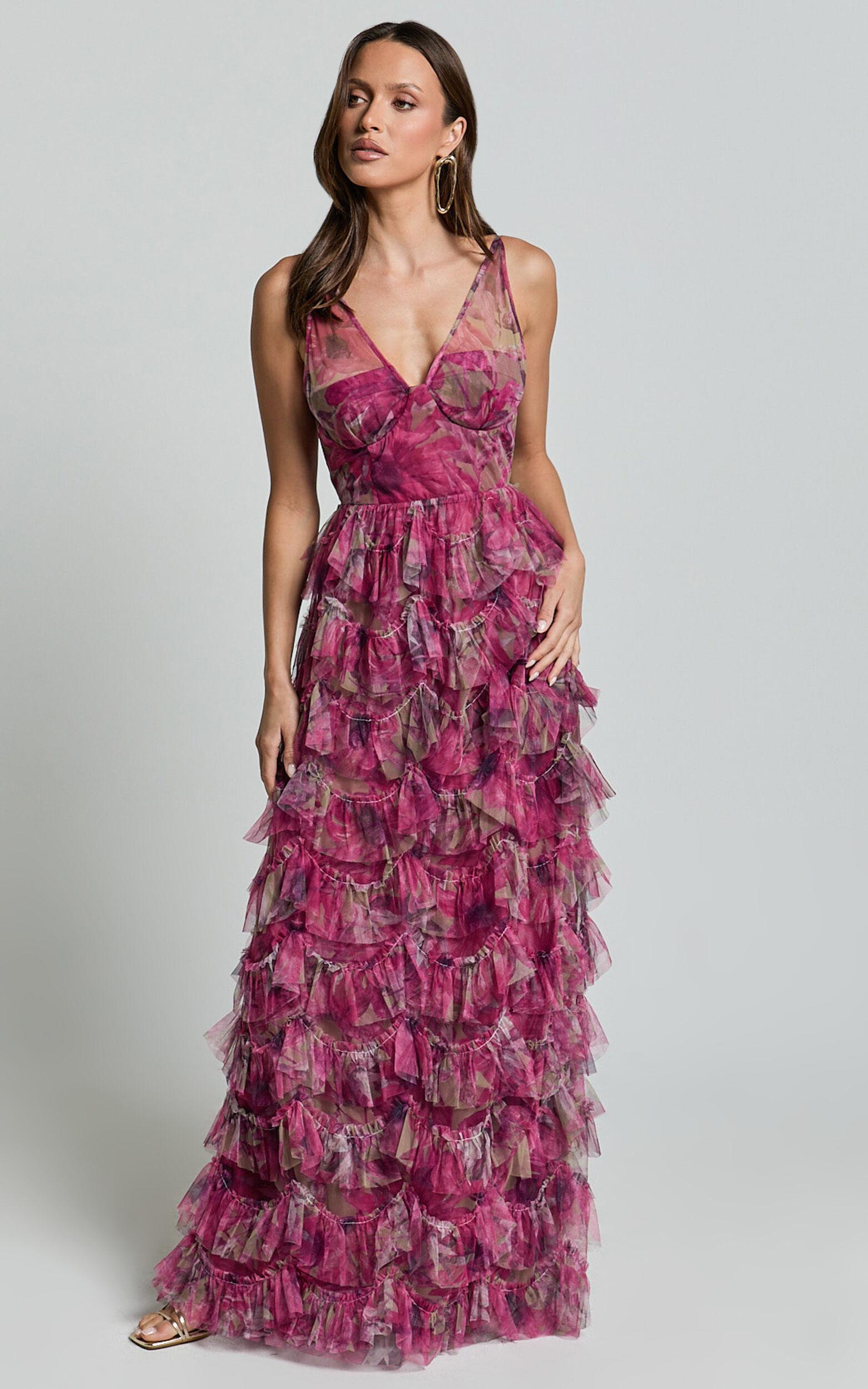 Amalie The Label - Josette Tulle Tiered Maxi Dress in Pink Floral Product Image