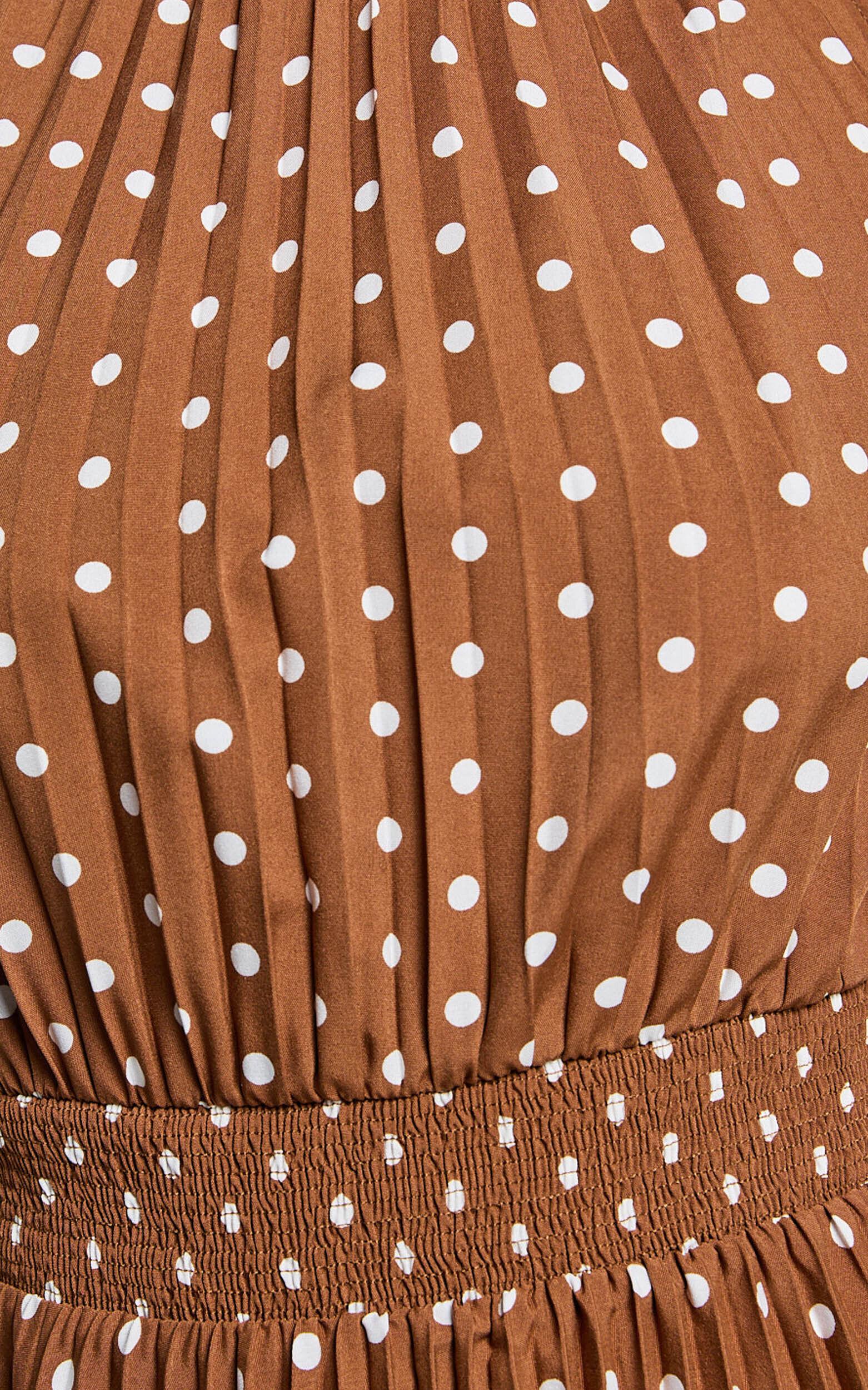 Jacynthia Midi Dress - Pleated High Neck Dress in Chocolate/White Product Image