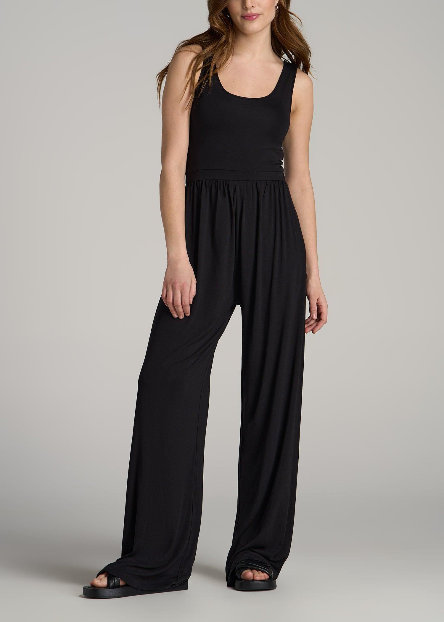 Jersey Tank Wide-Leg Jumpsuit with Pockets for Tall Women in Black Female Product Image