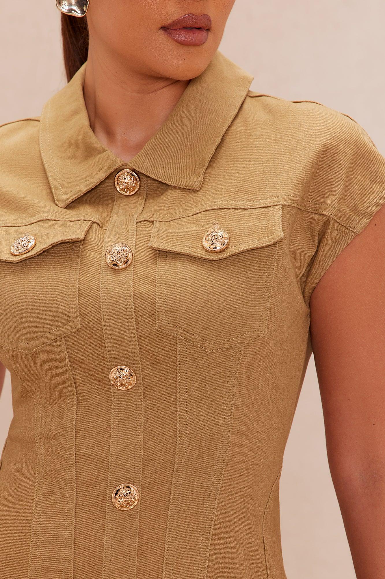 Dakota Pleated Denim Mini Dress - Khaki Product Image