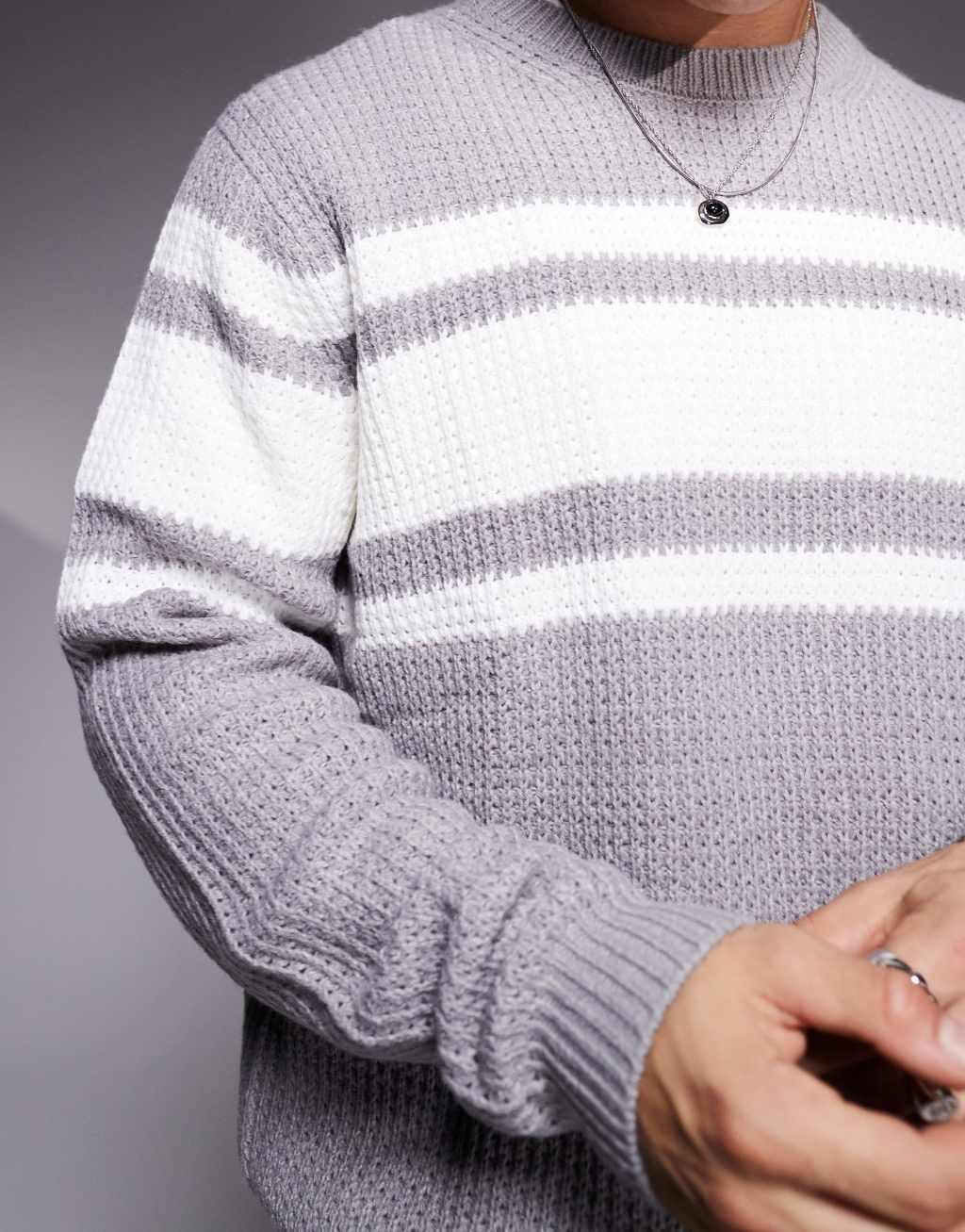 ASOS DESIGN relaxed knitted crew neck sweater in gray with white stripe Product Image