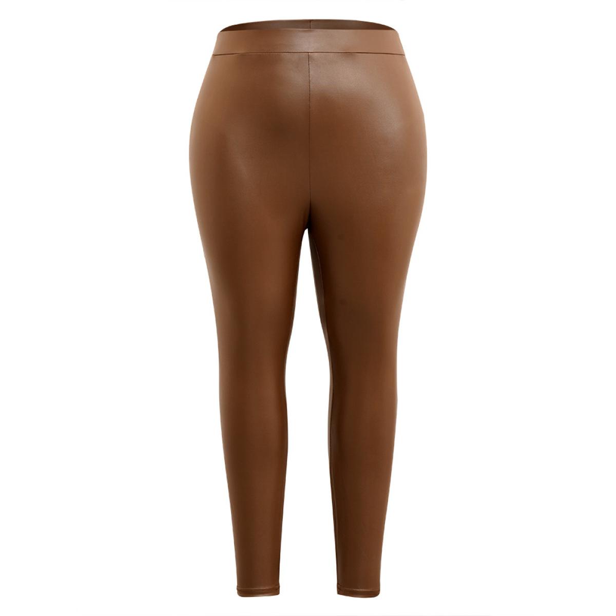 Plus Size PU Leather Elastic Waist Leggings Women DarkBrown Glamour Medium stretch Skinny High Rise Going out Leggings BloomChic 12/L Product Image