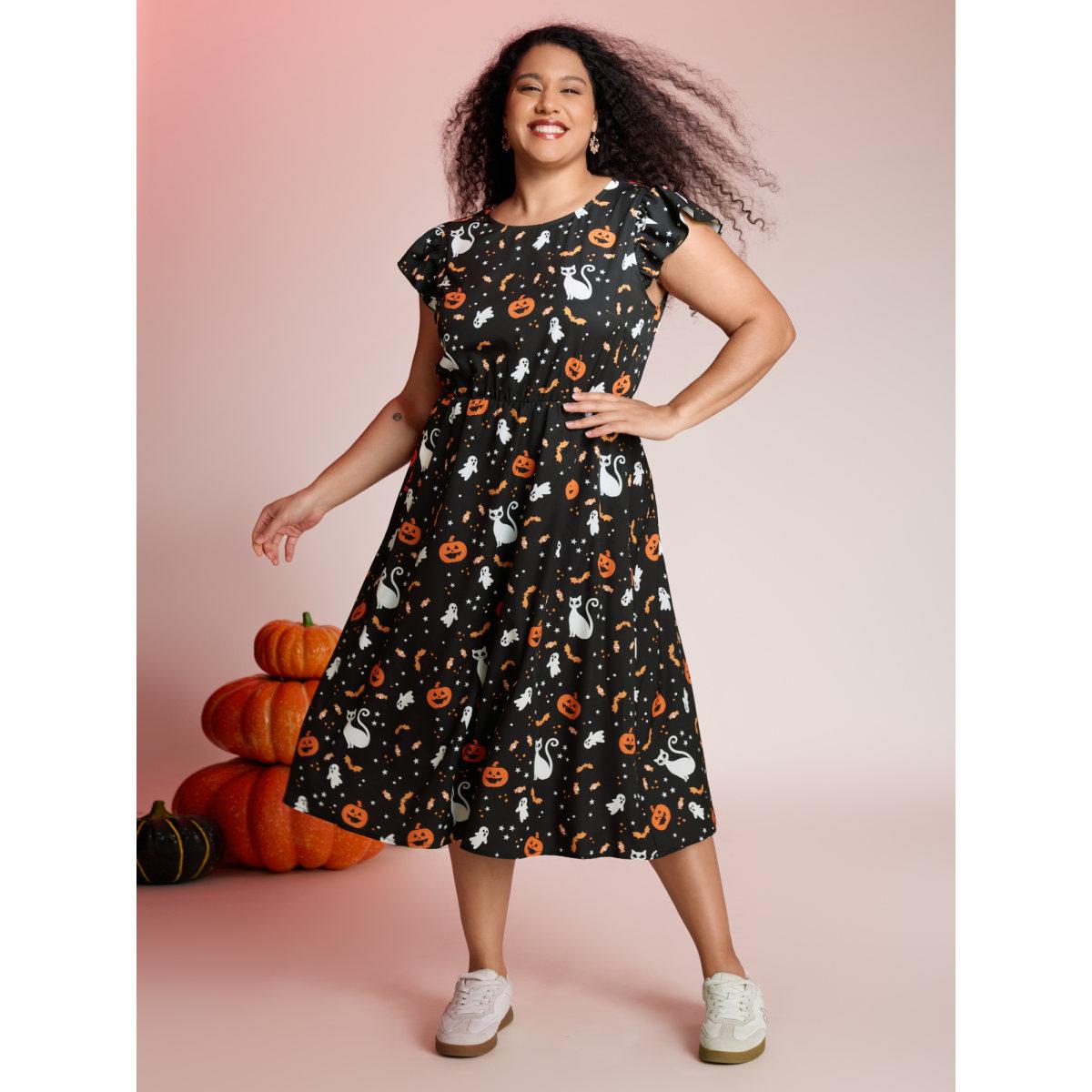 Plus Size Pumpkin Printed Ruffle Sleeves Midi Dress Black Women Playful Ruffles Party Curvy Bloomchic 28/5X Product Image