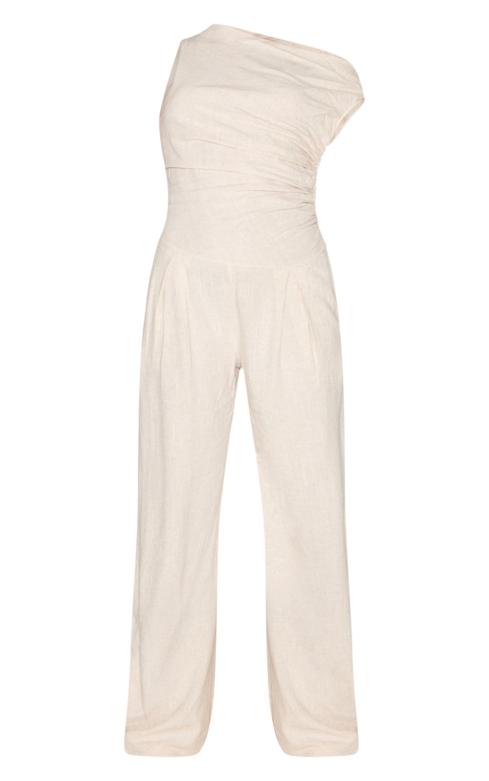 Stone Twist Sleeve Linen Ruched One Sleeve Jumpsuit Product Image