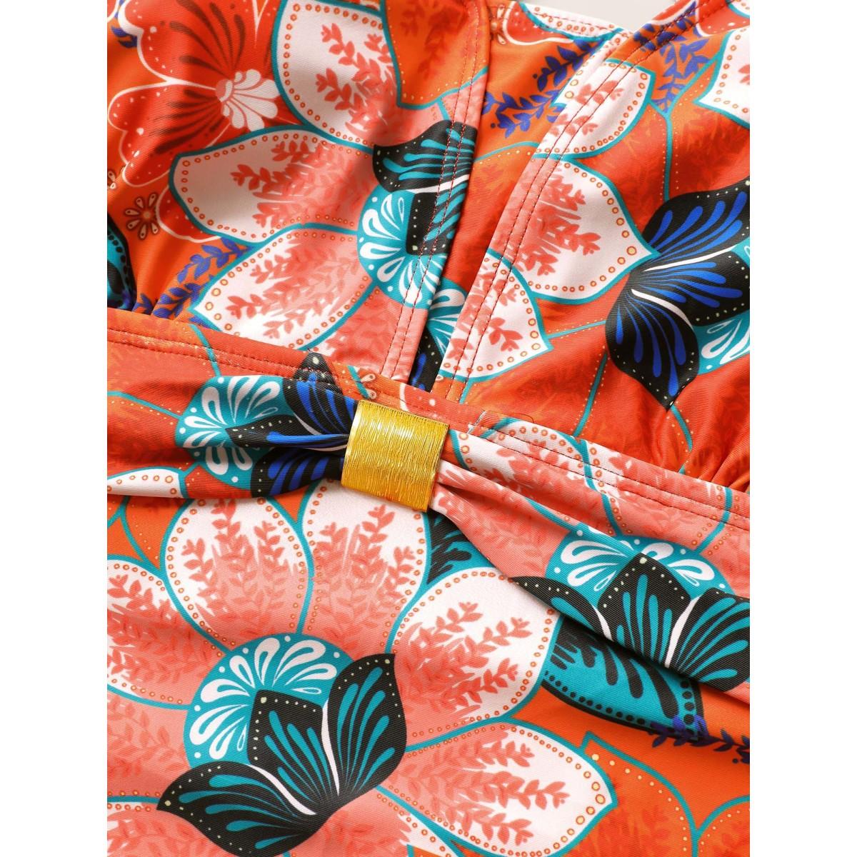 Plus Size Floral Ruched Crisscross Buckle Detail One Piece Swimsuit Women's Swimwear Multicolor Beach Gathered Curve Bathing Suits High stretch One Pieces BloomChic 26/4X Product Image