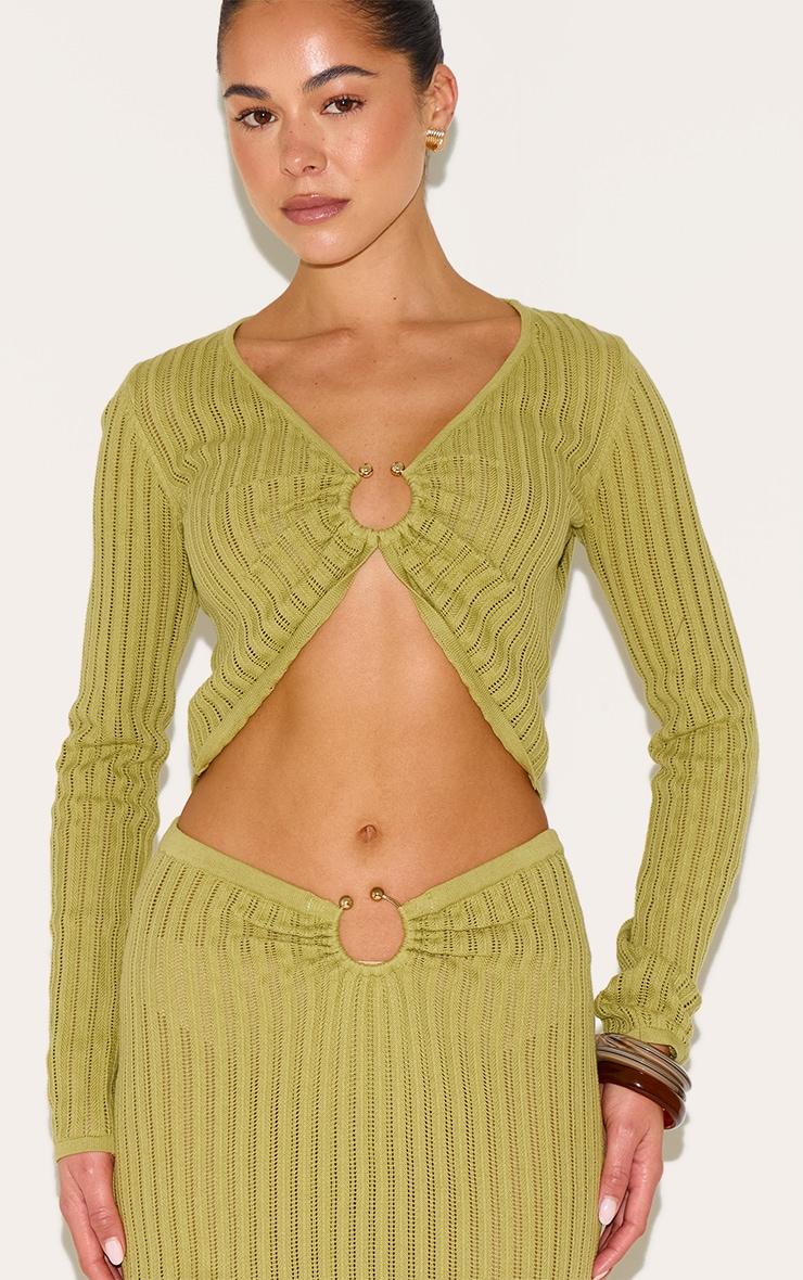 Olive Pointelle Knit Trim Detail Long Sleeve Top Product Image