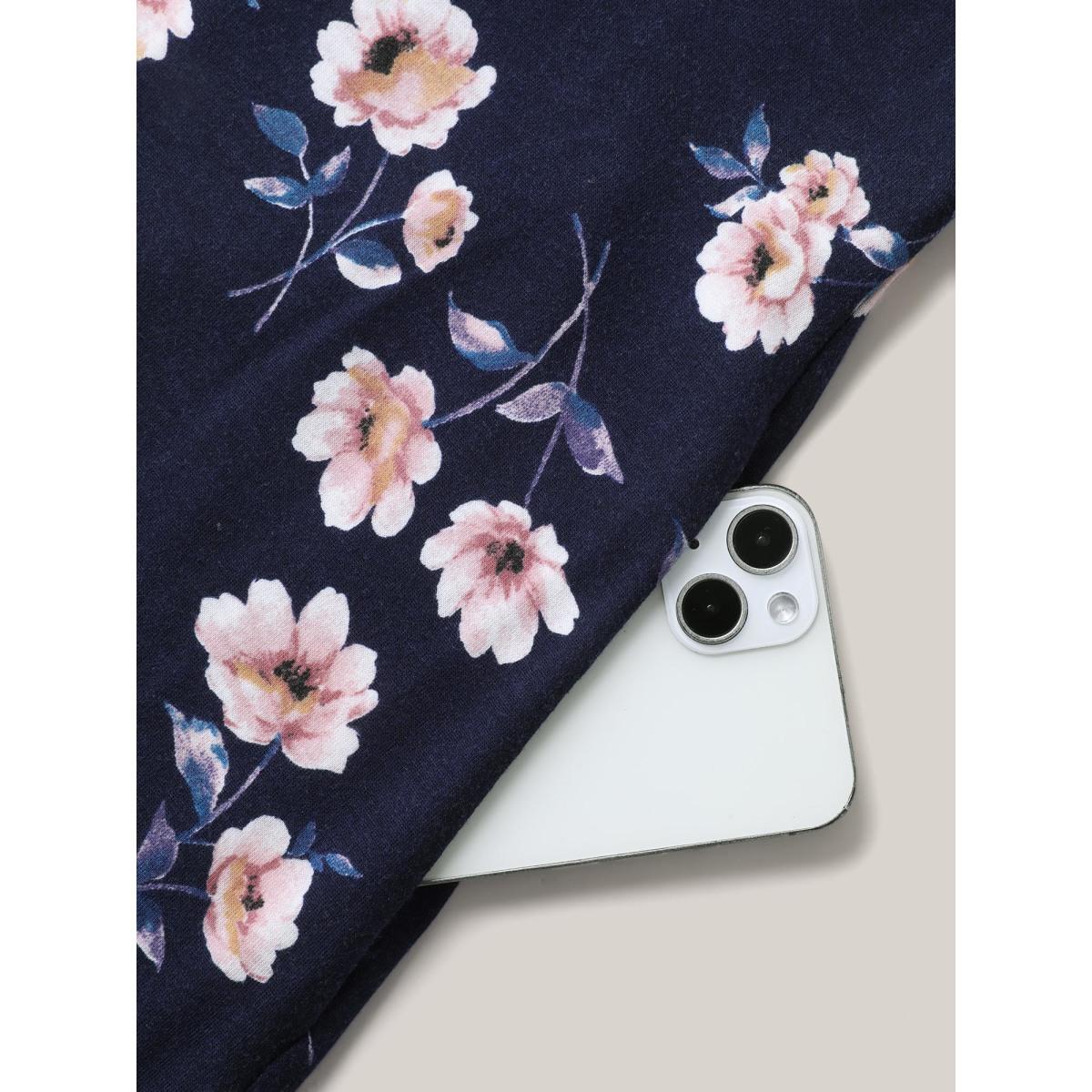 Plus Size DarkBlue Floral Print Adjustable Stretchy Pockets Jumpsuit Women Elegant Sleeveless Non Everyday-Elegant Loose Jumpsuits BloomChic 12/L Product Image