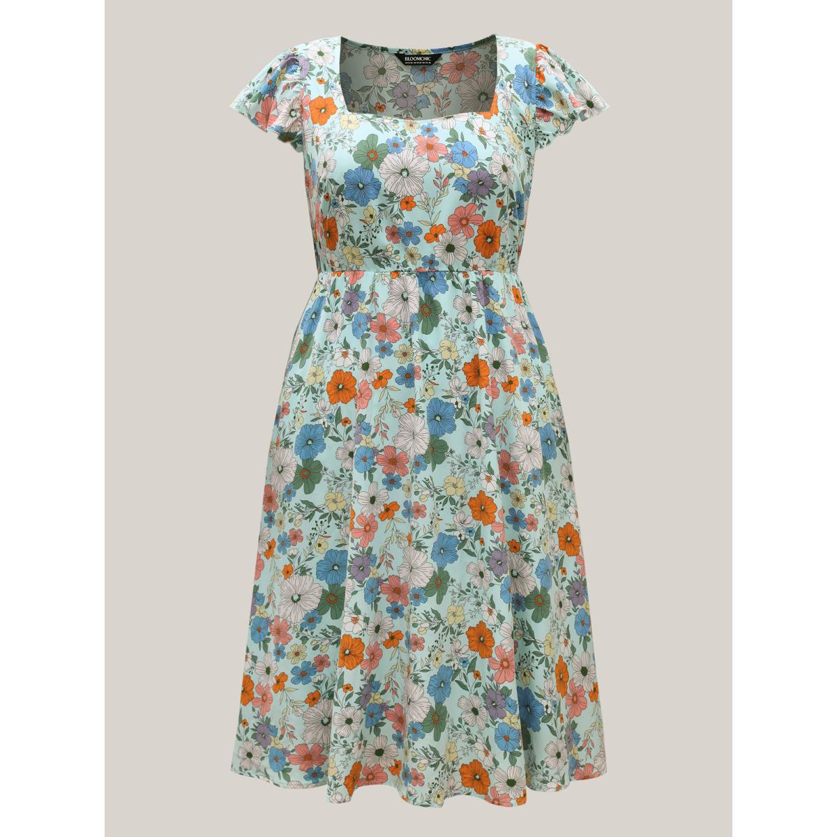 Plus Size Floral Print Flutter Sleeve Pockets Midi Dress LightBlue Women Timeless Square Neck Cap Sleeve Curvy BloomChic 30/6X Product Image