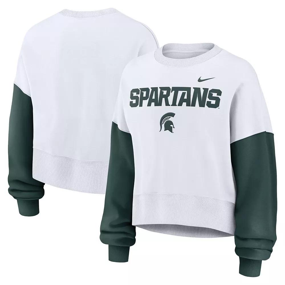 Women's Nike White Michigan State Spartans Color-Block Oversized Cropped Pullover Sweatshirt, Size: Small Product Image