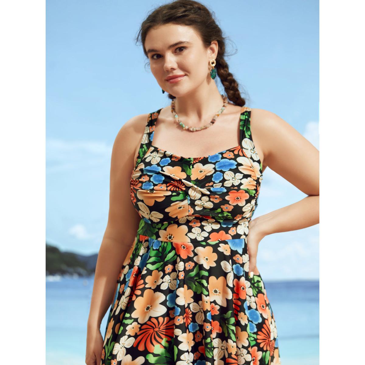 Plus Size Floral Heart Neckline Twist Front Swim Dress Women's Swimwear Multicolor Beach Bodycon Heart neckline High stretch Curve Swim Dresses BloomChic 22-24/3X Product Image