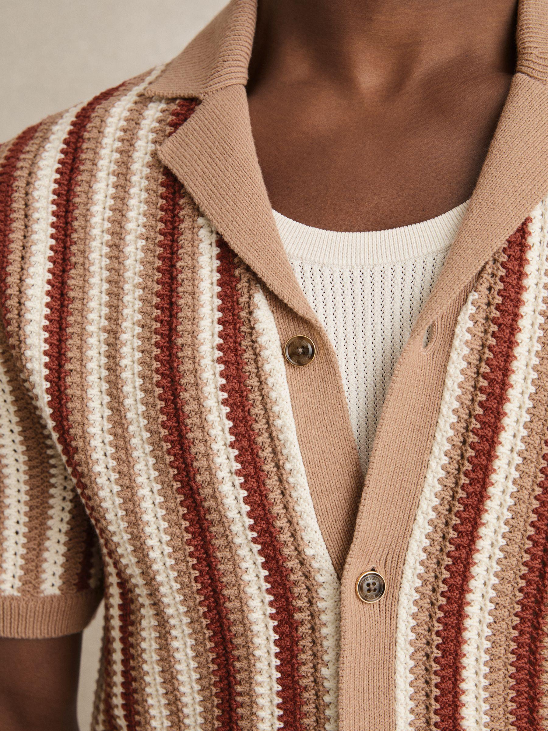 Cotton Crochet Stripe Cuban Shirt in Camel Multi Product Image