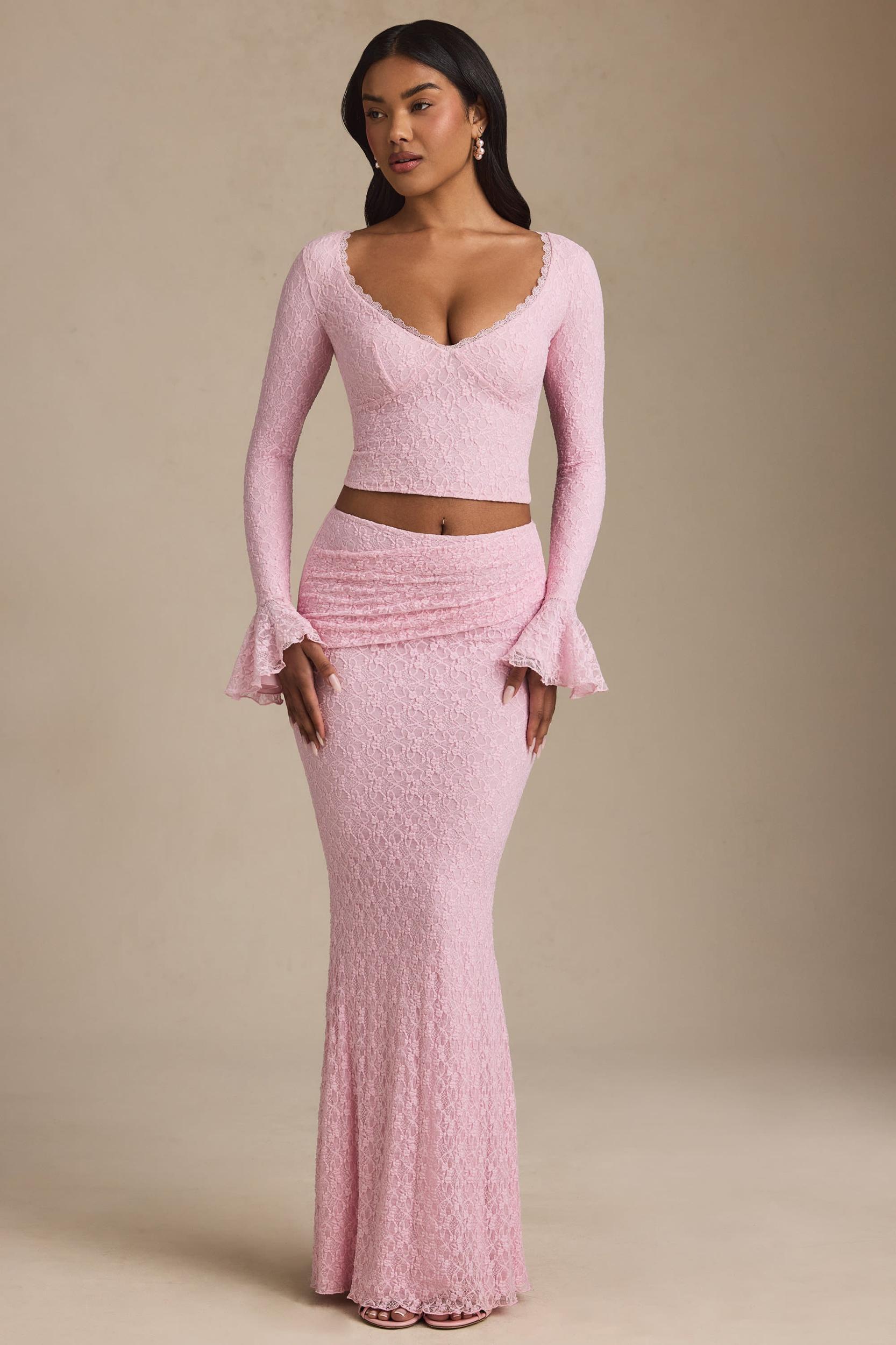 Draped Low-Rise Lace Maxi Skirt in Soft Pink Product Image