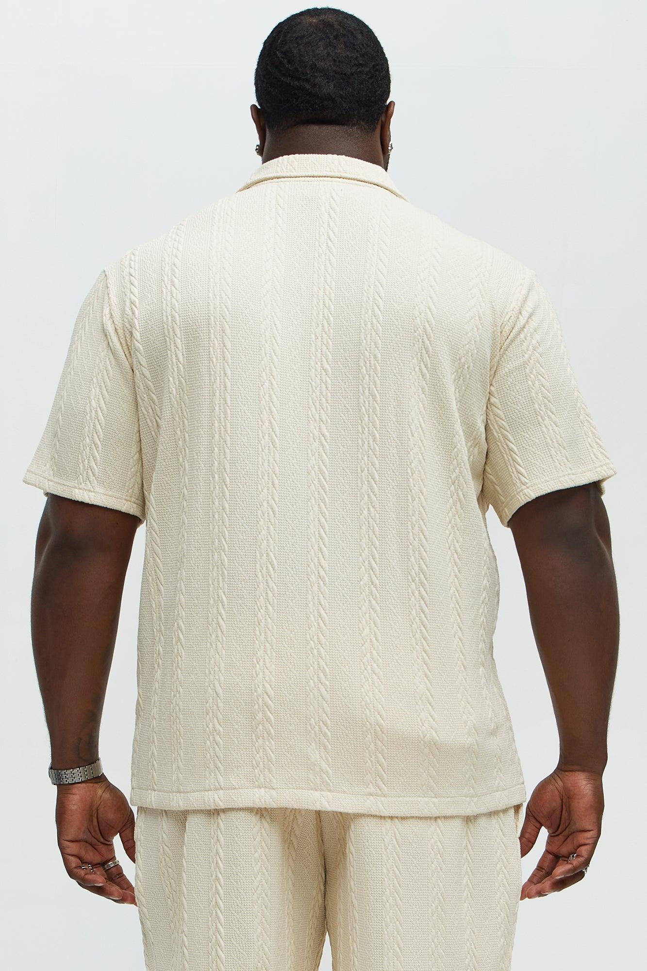 Textured Stripes Cuban Short Sleeve Button Up Shirt - Cream Product Image