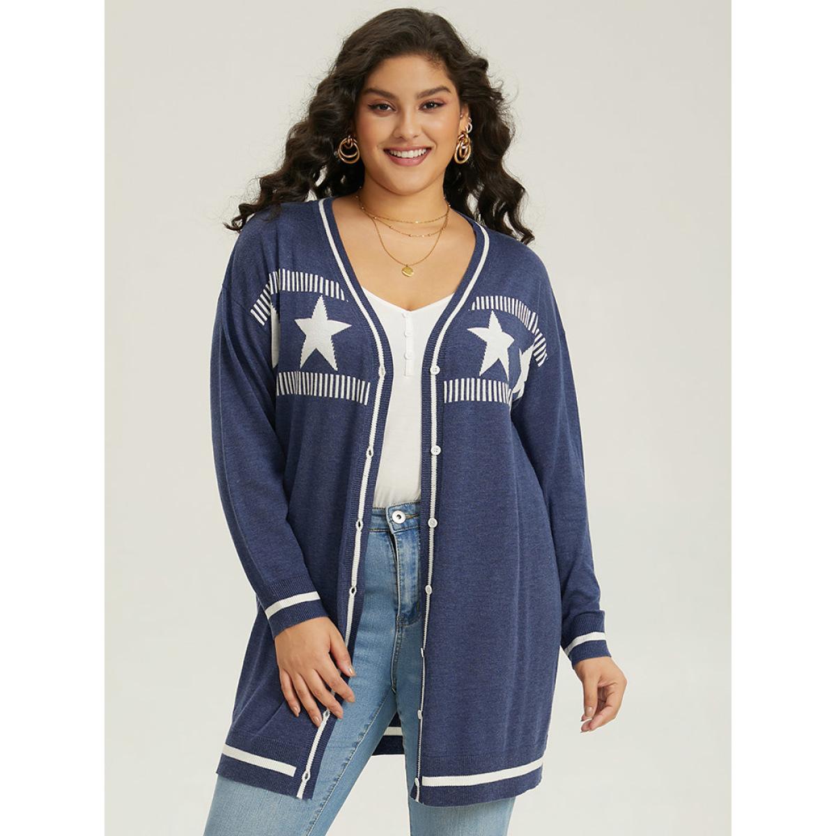 Plus Size Supersoft Essentials Star Contrast Trim Button Through Cardigan Aegean Women Casual Loose Long Sleeve Dailywear Cardigans BloomChic 30/6X Product Image