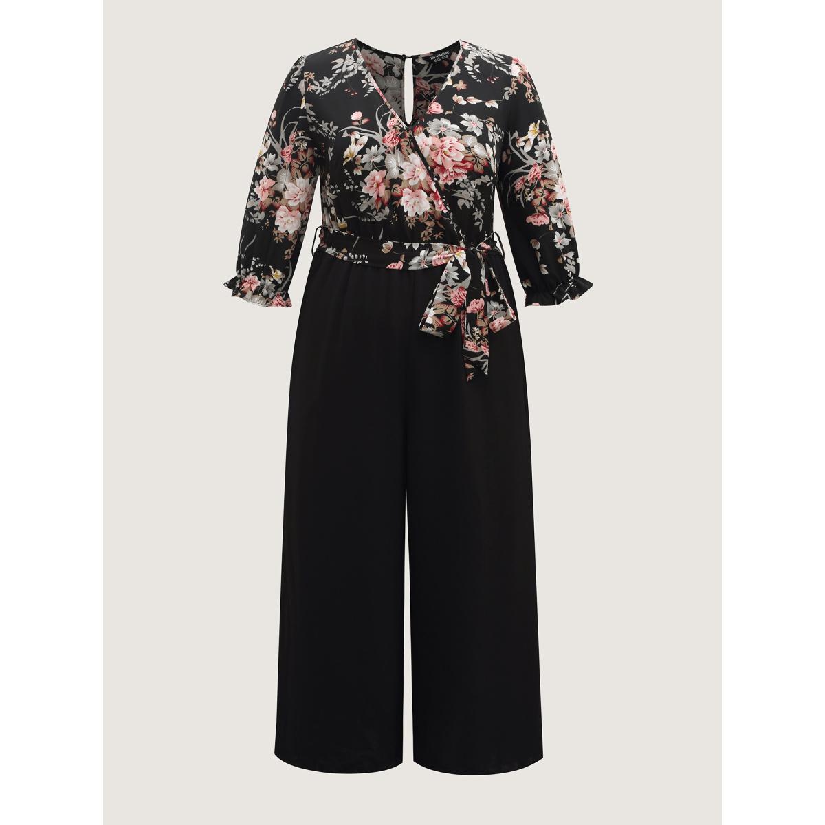 Plus Size Black Floral Contrast Belted Wide-Leg Jumpsuit Women Romantic Elbow-length sleeve Overlap Collar Elegant Loose Jumpsuits BloomChic 22-24/3X Product Image