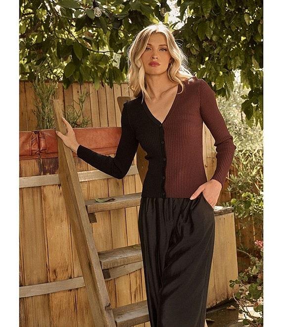 Sugarlips Olivia Mill Color Block Ribbed Knit V-Neck Long Sleeve Button Front Cardigan Product Image