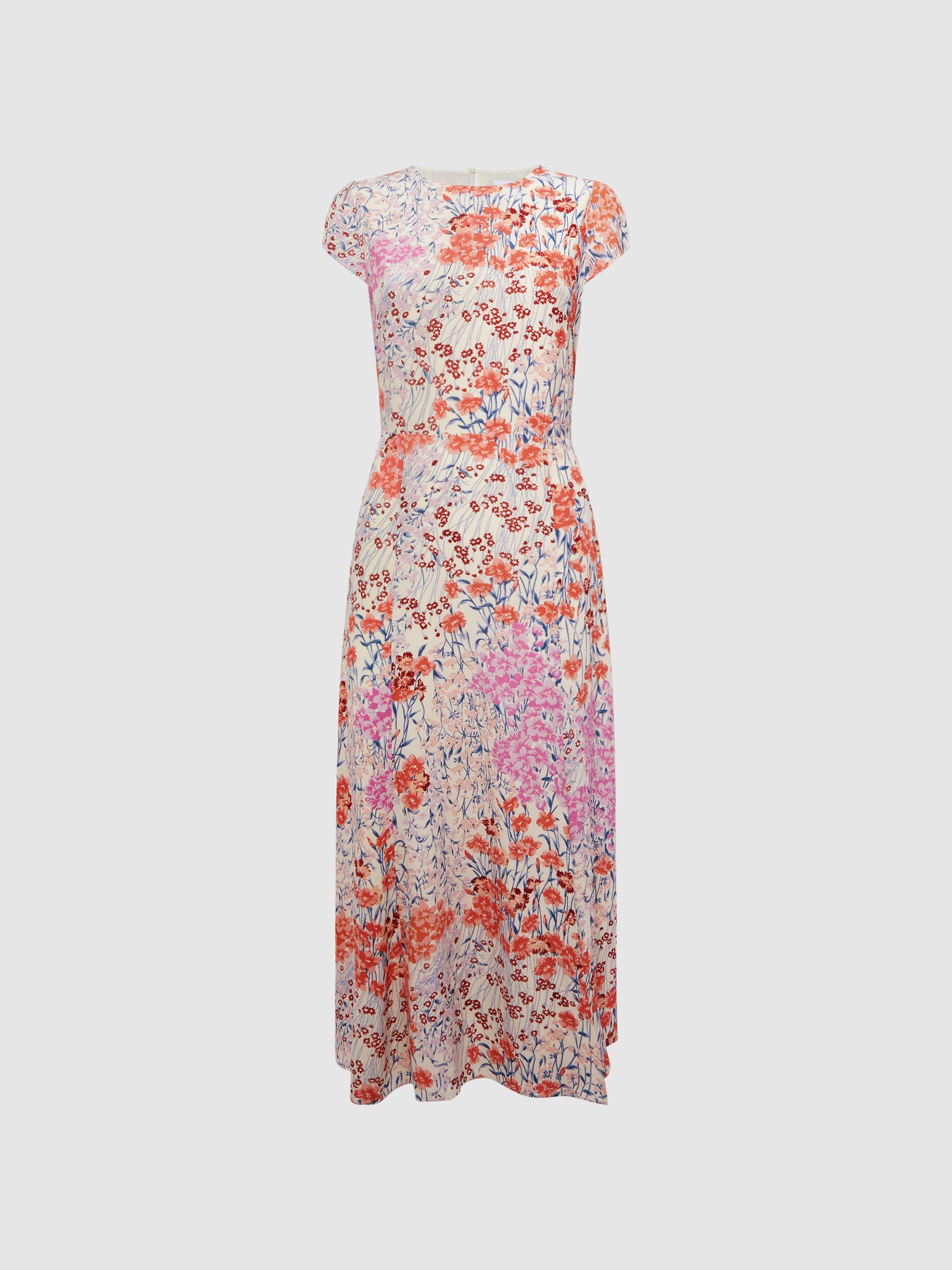 Floral Print Cap Sleeve Dress in Coral/White Product Image