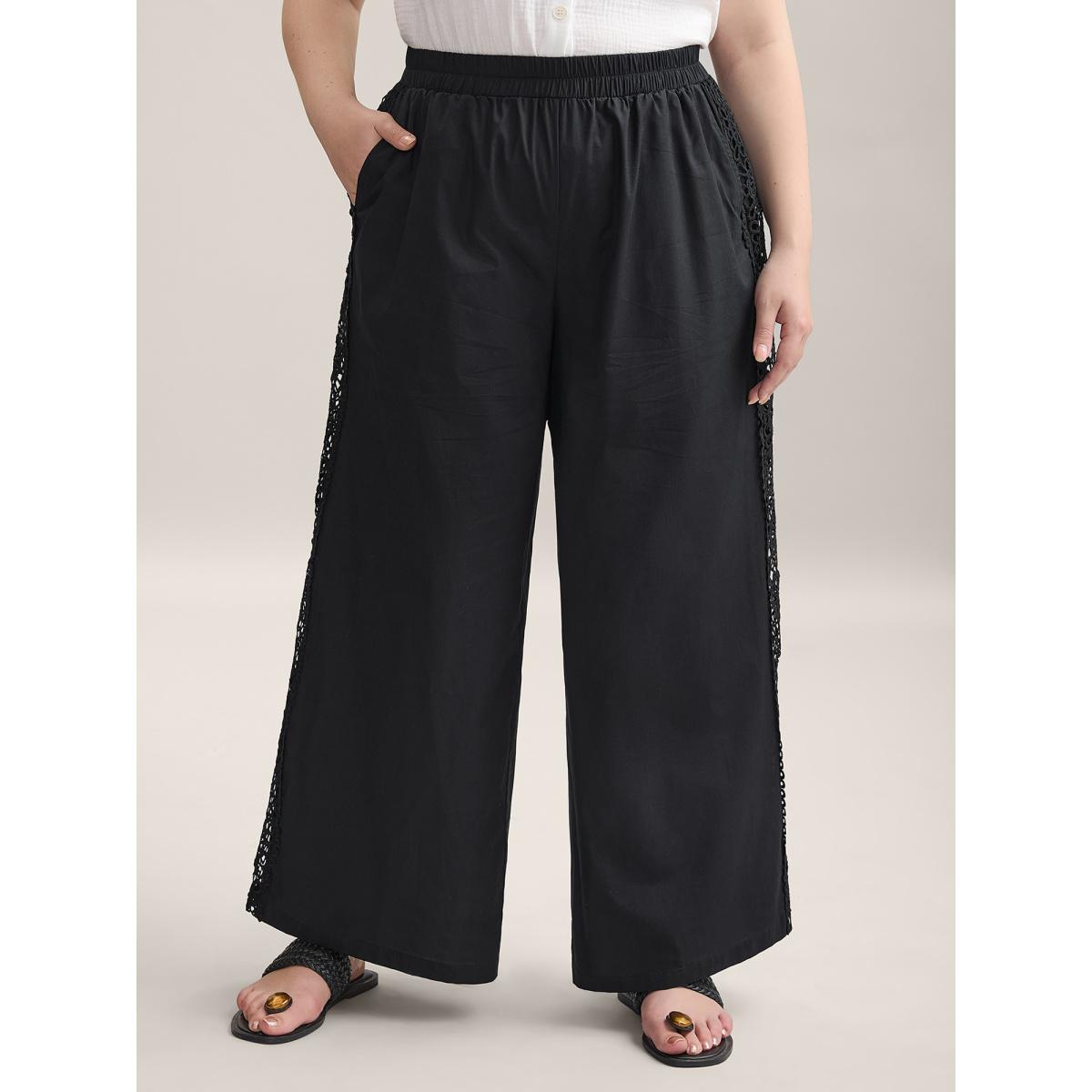 Plus Size Cotton Side Lace Wide-Leg Pants Women Black Resort Wide Leg Mid Rise Vacation Pants BloomChic 14-16/1X Product Image