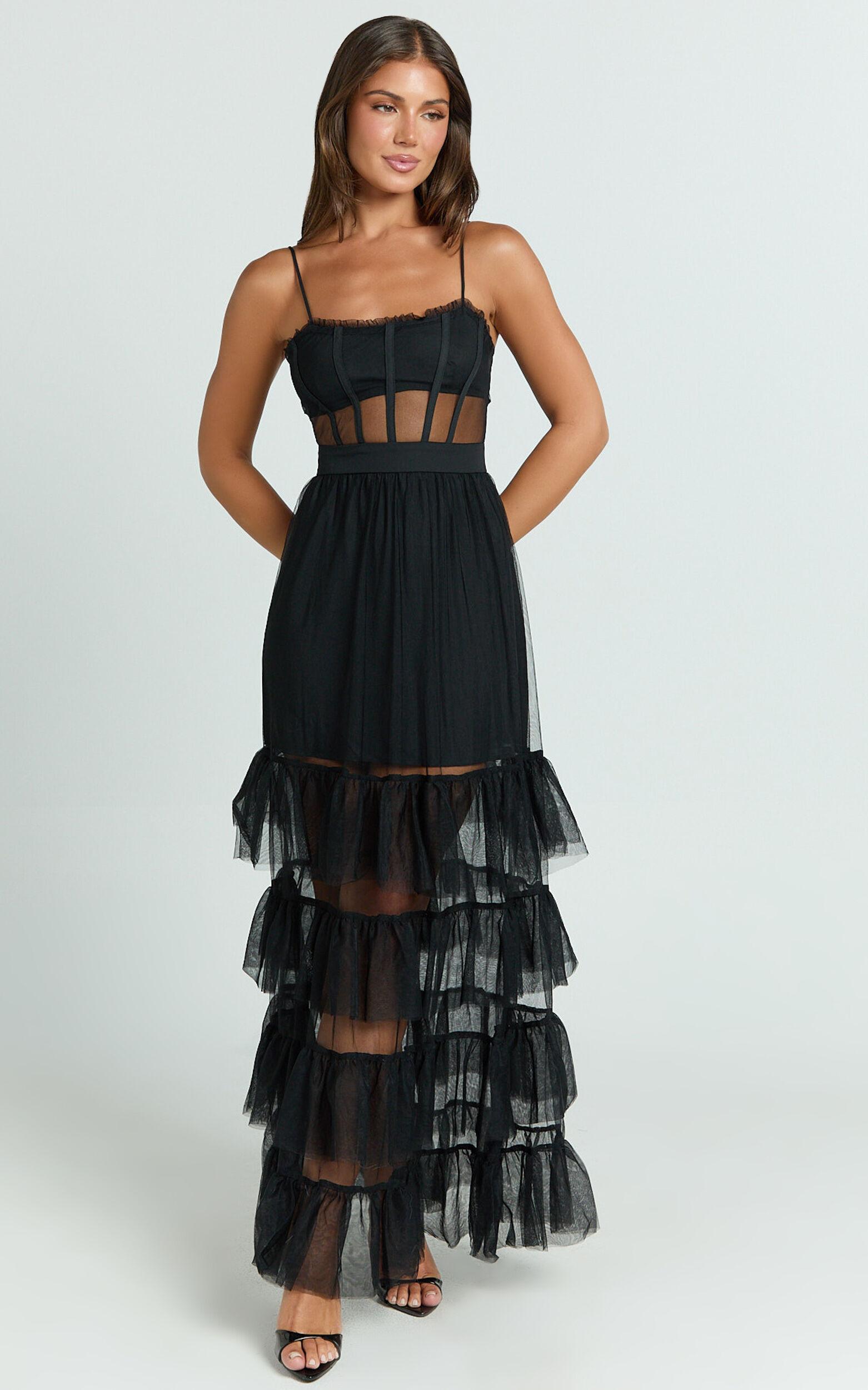 Evelynn Midi Dress - Sweetheart Corset Bodice Fit & Flare Tiered in Black Product Image
