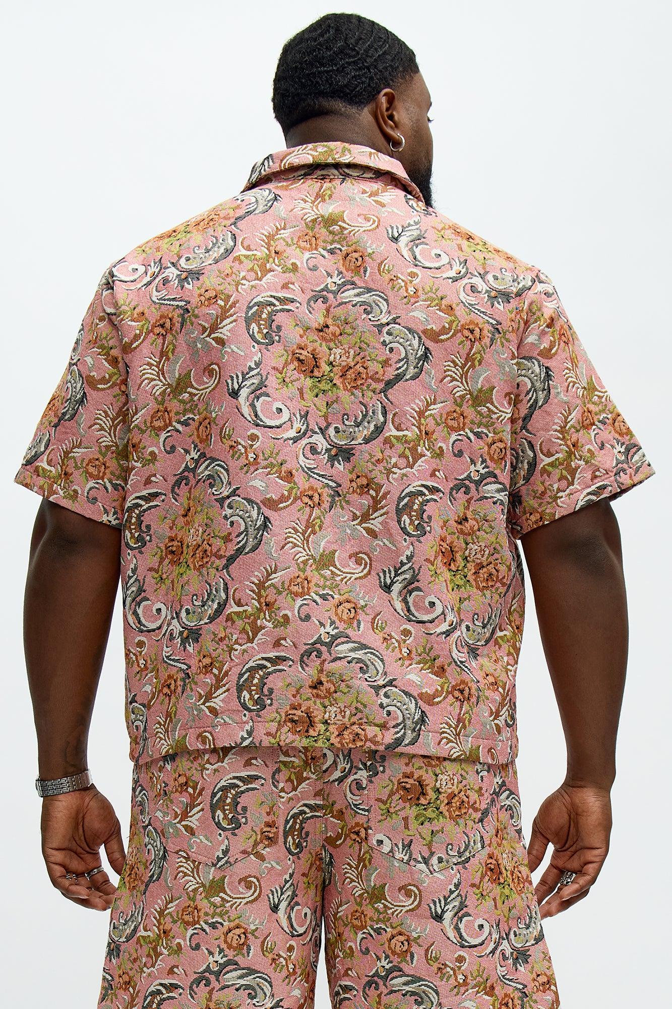 Rose Pattern Tapestry Closed Collar Button Up Shirt - Pink/combo Male Product Image