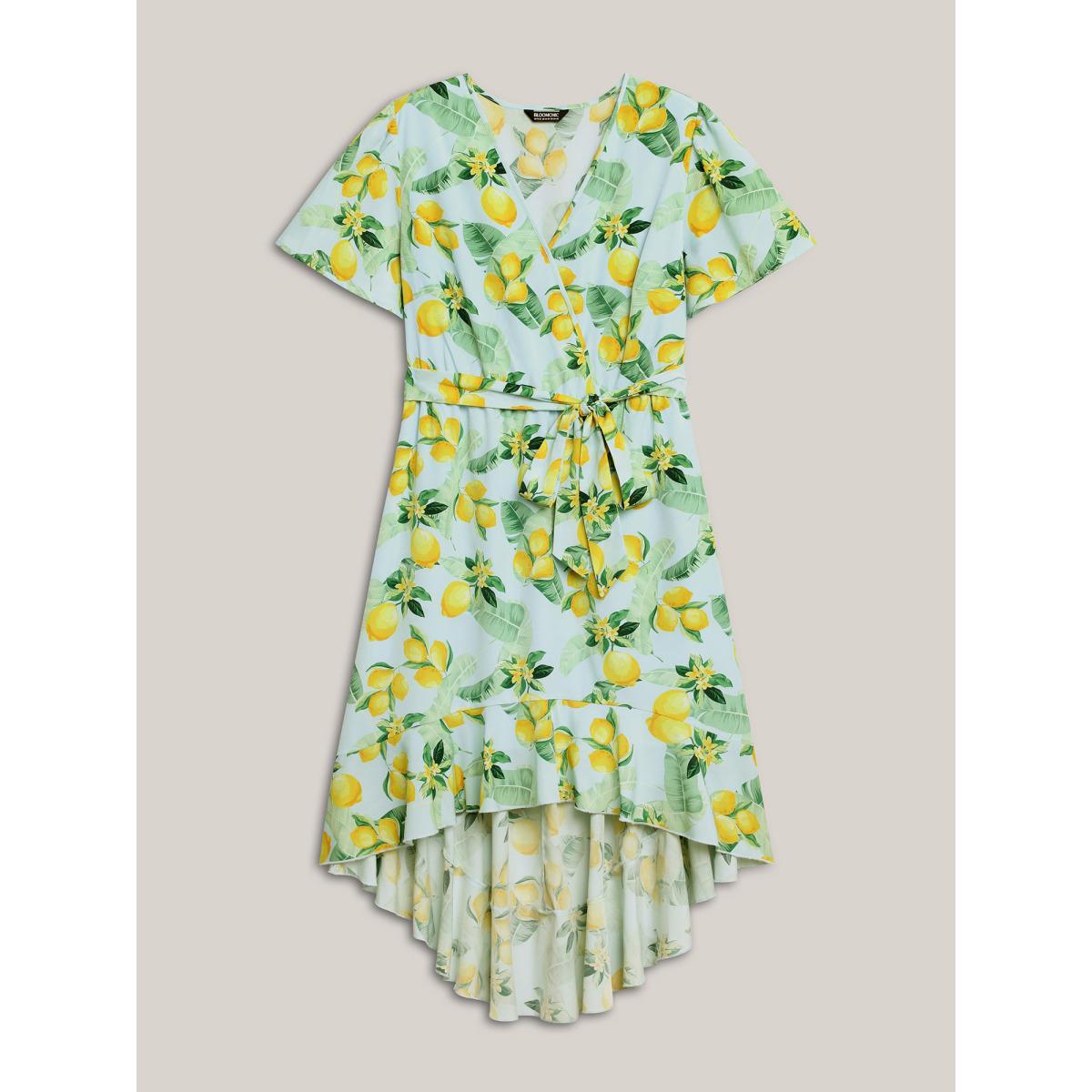 Plus Size Citrus Print Ruffled Hem Belted Midi Dress LightBlue Women Overlap Collar Short sleeve Curvy BloomChic 22-24/3X Product Image