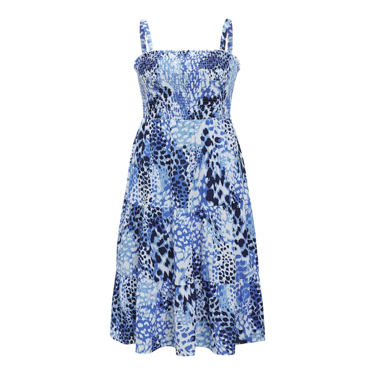 Plus Size Leopard Print Shirred Pocket Frill Trim Cami Dress Multicolor Women Vacation Adjustable Straps Spaghetti Strap Sleeveless Curvy Midi Dress BloomChic 22-24/3X Product Image