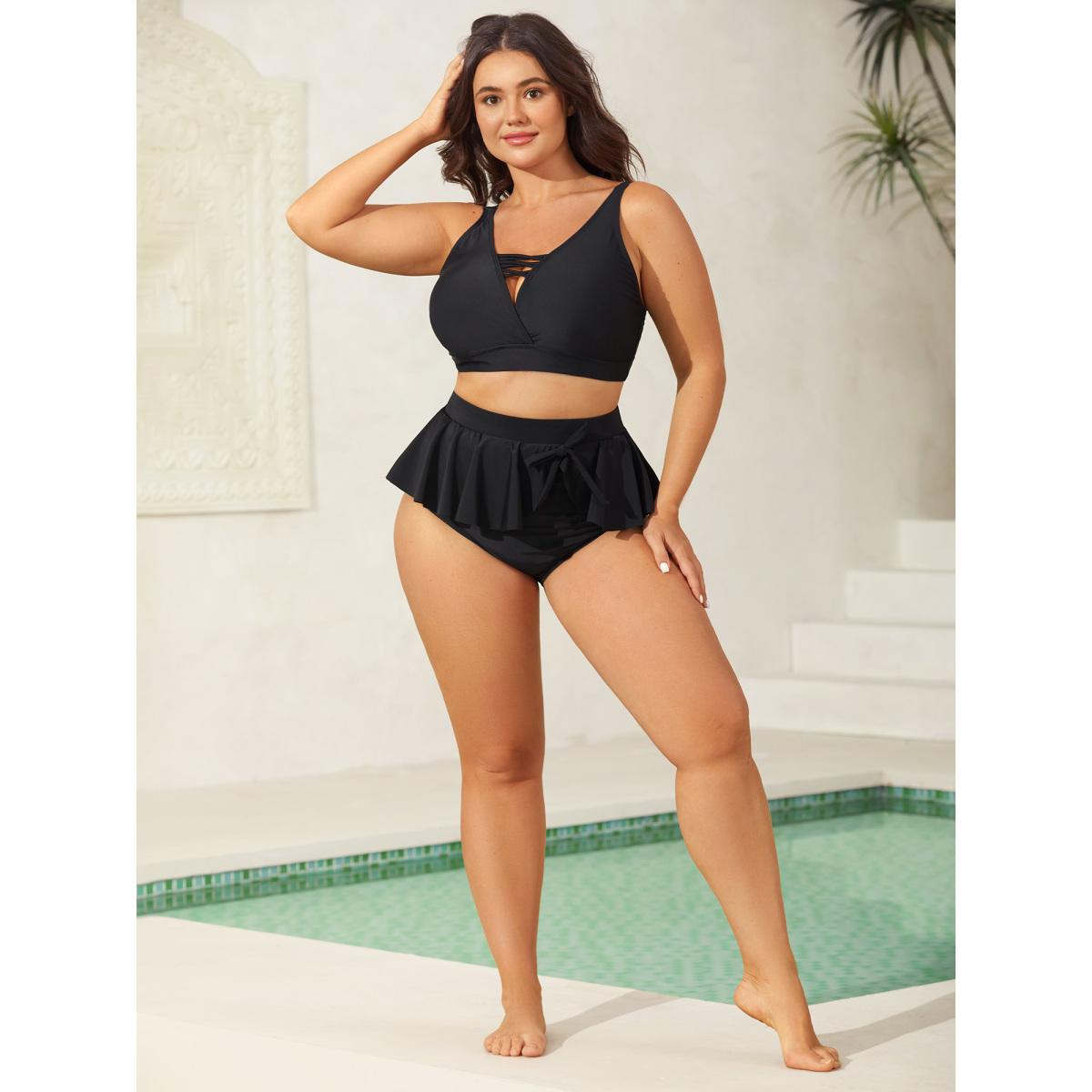 Plus Size Ruffled Hem Knotted Swim Bottoms Women's Swimwear Black Beach Tie knot High stretch Skinny High Rise Curve Swim Bottoms BloomChic 10/M Product Image